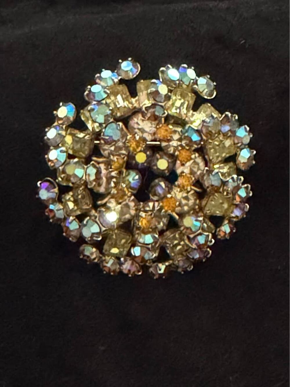 Vintage Aurora Borealis Rhinestone Brooch – Champagne Topaz Floral Cluster